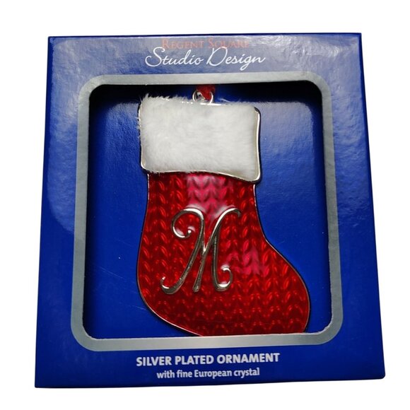 Silver Plated Stocking Ornament With Monogram Initial M Faux Fur Trimmed Accent - Picture 3 of 3